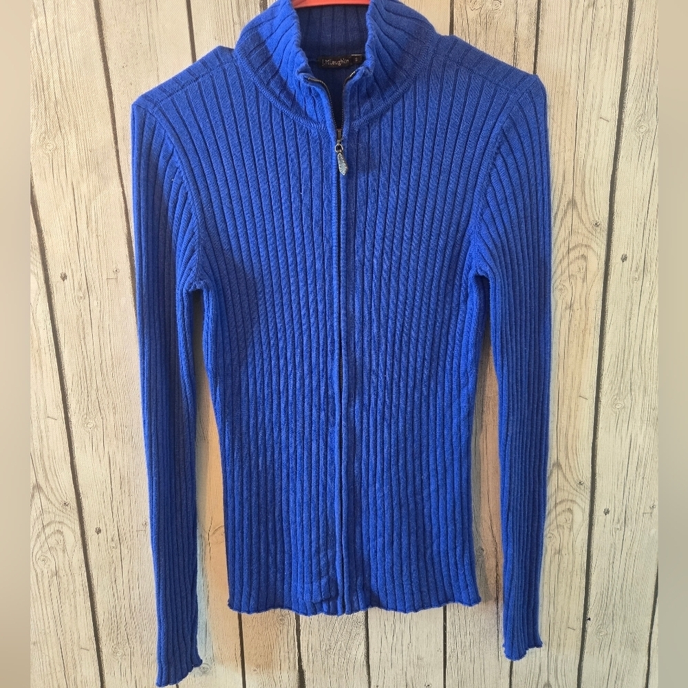 J McLaughlin Ribbed Zip Front Sweater Blue Cotton Modal Stretch Size Small